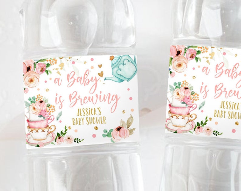 Editable Water Bottle Labels Tea Baby Shower Girl A Baby is Brewing Flowers Pink Gold Tea Shower Printable Bottle Labels