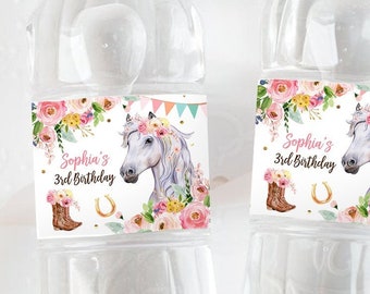 Editable Horse Water Bottle Labels Horse Birthday Decor Cowgirl Pony Party Saddle Up Floral Pink Printable Bottle Label Template Corjl 0408