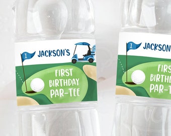 Etiquetas editables para botellas de agua de golf, decoración para fiesta de cumpleaños de golf, hoyo en uno, plantilla de etiquetas imprimibles para botellas azules de golf, Corjl 0405