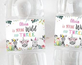 Etiquetas editables para botellas de agua, diseño de animales de fiesta, cumpleaños, jóvenes, salvajes y tres, decoración, zoológico, safari, animales, descarga digital, plantilla imprimible 0322