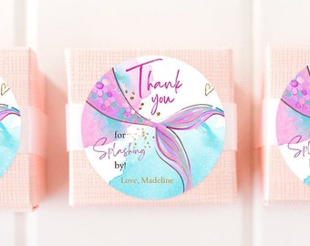 Editable Mermaid Birthday Favor Tags Under The Sea Thank you tags Mermaid Party Mermaid Stickers Pink Download Template Corjl PRINTABLE 0403