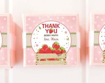 Editable Strawberry Favor Tags Strawberry Birthday Thank you Round Tag Label Berry Much Gift tag Stickers Template PRINTABLE Corjl 0091