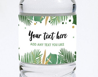 Editable Safari Water Bottle Labels Tropical Boy Birthday Party Wild One Decor Beach Summer Green Gold Labels Tropical Corjl Template 0332