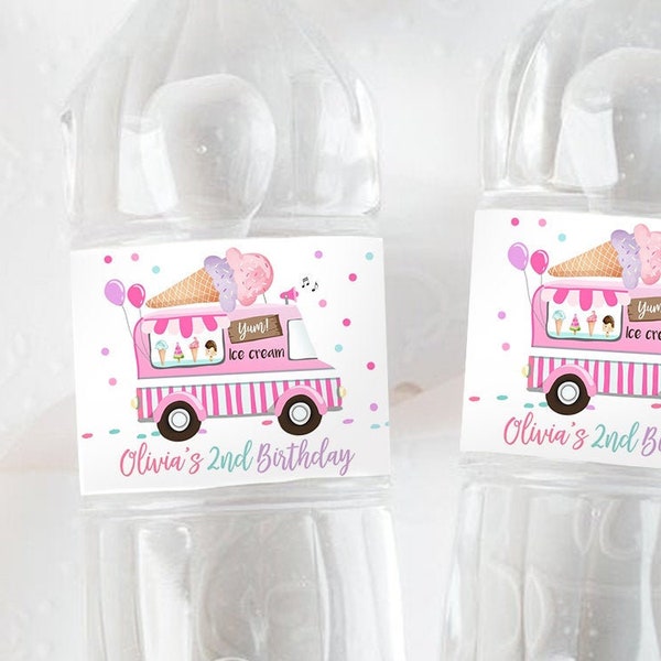 Editable Ice Cream Truck Water Bottle Labels Ice Cream Birthday Decor Sweet One Two Sweet Scoop Printable Bottle Label Template Corjl 0243