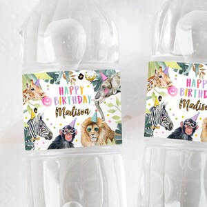 Editable Safari Water Bottle Labels Party Animals Birthday Wild One Birthday Decor Safari Girl Printable Bottle Wrappers Template Corjl 0417