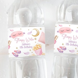 Editable Sleepover Birthday Party Water Bottle Labels Slumber Party Decor Girl Pink Pizza Popcorn Digital Download Template Printable 0447
