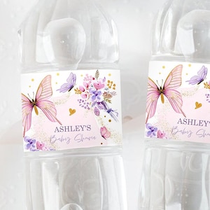 Editable Butterfly Water Bottle Label Girl Floral Butterfly Party Garden Pink Gold Purple Drink Label Download Printable Template Corjl 0437