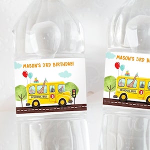 Editable School Bus Water Bottle Labels Wheels on The Bus Decor Bus Birthday Favor Labels Bus Party Instant Printable Template Corjl 0325
