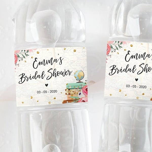 Editable Travel Adventure Water Bottle Labels Traveling to Mrs Suitcases Pink Gold Adventure Map Bridal Shower Printable Template Corjl 0030