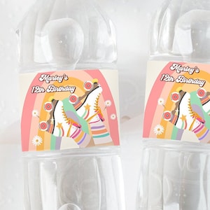 Editable Roller Skate Water Bottle Labels Retro Skate Party Decor Girl Skating Birthday Let's Roll Labels Pink Template Printable 0435
