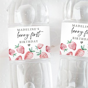 Bearbeitbares Erdbeerwasserflaschenetikett Erdbeergeburtstagsdeko Beere Süß 1. Geburtstag Erste Flasche Digitale Vorlage Printable 0399