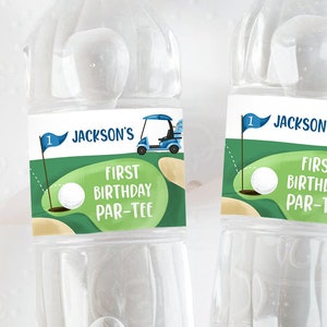 Editable Golf Water Bottle Labels Golf Birthday Party Hole in One Decor Boy Par-tee Golfing Blue Printable Bottle Labels Template Corjl 0405