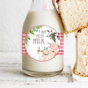Editable Milk Bottle Labels Farm Animals Birthday Barnyard Boy Red Gingham Cow Pig Milk Jar Bottle Wrap Printable Digital Template 0155
