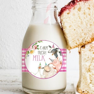 Editable Milk Bottle Labels Farm Animals Birthday Barnyard Pink Farm Girl Gingham Cow Pig Milk Jar Wrap Digital Template Printable 0155 160