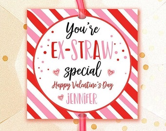 Etiquetas de San Valentín editables con forma de pajita loca Etiquetas especiales de San Valentín para niños Descarga digital Plantilla imprimible 0370