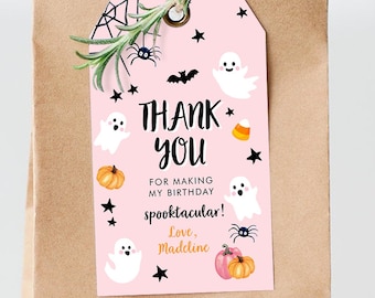 Editable Halloween Birthday Thank You Favor Tags Costume Party Girl Pink Spooktacular Ghost Party Digital Download Template Printable 0418