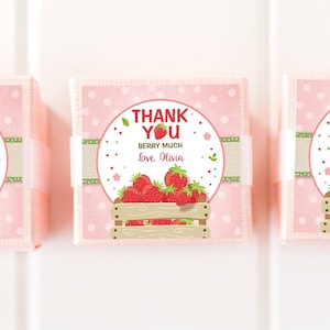 Editable Strawberry Favor Tags Strawberry Birthday Thank you Round Tag Label Berry Much Gift tag Stickers Template PRINTABLE Corjl 0091