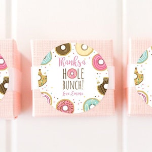 Editable Donut Favor Tags Donut Birthday Thank You A hole Bunch Tag Donut Stickers Girl Pink Donut Dough Tags Round Template Corjl 0050