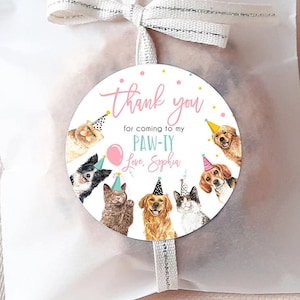 Editable Cats and Dogs Favor tags Puppy Kitten Birthday Thank you tag Girl Pink Cat Pup Dog Pet Vet Animal Template PRINTABLE Corjl 0384