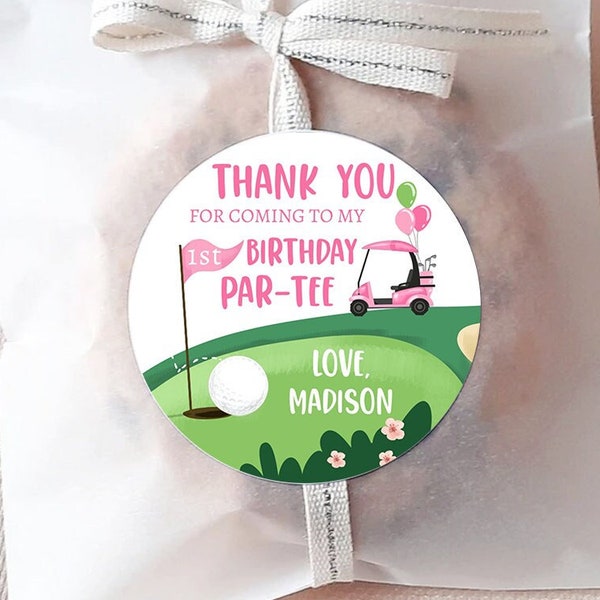 Editable Golf Favor Tags Golf Thank You Par-tee Stickers Golfing Birthday Hole in One 1st Birthday Girl Pink Download Corjl Template 0405