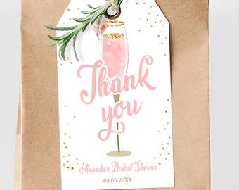 Editable Brunch and Bubbly Thank You Favor Tag Bubbly Bridal Shower Blush Pink Gold Confetti Floral Digital Template Printable 0150