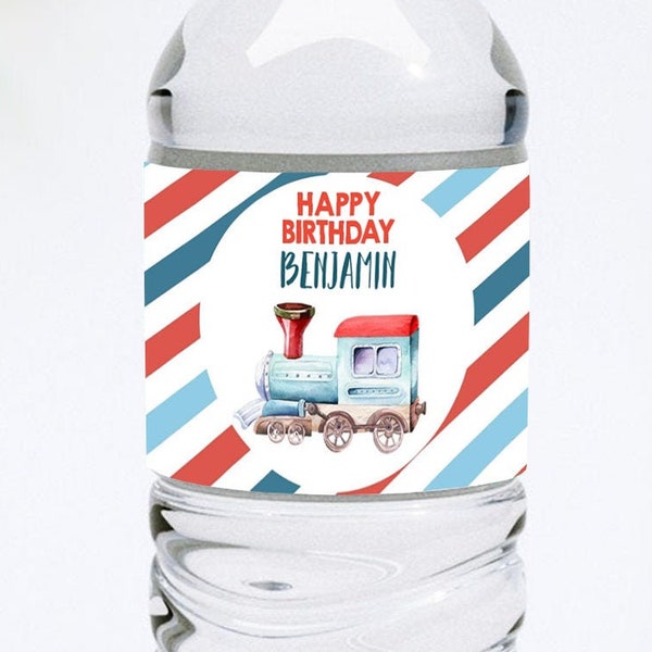 Étiquettes modifiables de bouteille d'eau de train, décor de train d'anniversaire de garçon, emballages de bouteille bleu rouge, modèle Corjl imprimable de transport ferroviaire 0149