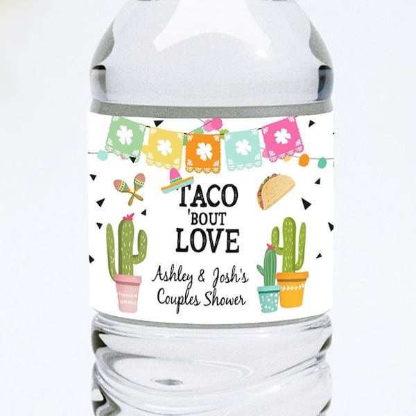 Editable Water Bottle Labels Fiesta Couples Shower Taco Bout Love Cactus Mexican Printable Bottle Labels Succulent Template Corjl 0161