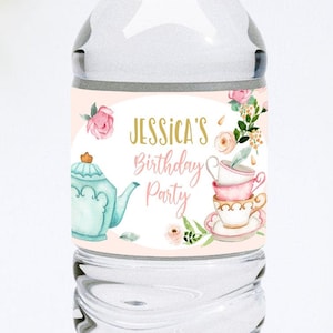 Editable Water Bottle Labels Tea Party Girl Birthday Tea for Two Birthday Flowers Pink Gold Printable Bottle Labels Template Corjl 0349