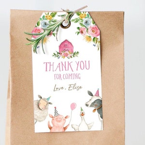 Editable Farm Animals Favor Tag Pink Farm Girl Birthday Thank You Tag Pink Barn Party Animals Gift Tag Download Corjl Template Printable 0155