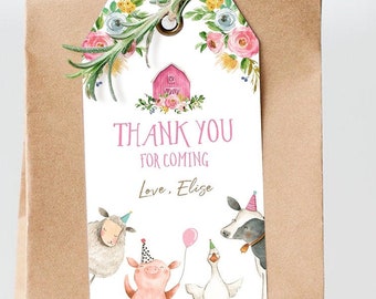 Editable Farm Animals Favor Tag Farm Girl Birthday Thank You Tag Pink Barn Party Animals Gift Tag Digital Download Template Printable 0155