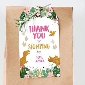 Editable Dinosaur Favor Tags Gift Tag Girl Pink Gold Thank You for Stomping By Tag Birthday Dino Party T-Rex Digital Template Printable 0146