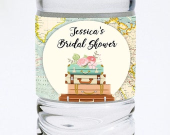 Editable Travel Adventure Water Bottle Label Traveling Suitcases Bridal Shower Baby Map Globe Digital Download Template Printable 0044
