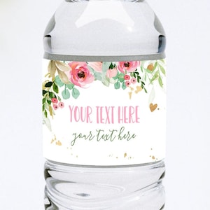 Editable Floral Water Bottle Labels Girl Birthday Peonies Greenery Eucalyptus Pink and Gold Printable Bottle Labels Corjl Template 0147