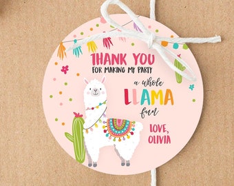Etiqueta de agradecimiento editable de llama para baby shower, pegatina de fiesta de cactus, alpaca, llama mexicana, niña de cumpleaños, rosa, plantilla digital imprimible 0079