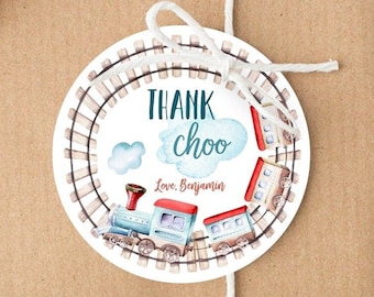 Editable Train Favor Tag Birthday Stickers Thank Choo Thank You Chugga Choo Red Blue Boy Cupcake Rails Digital Template Printable 0149
