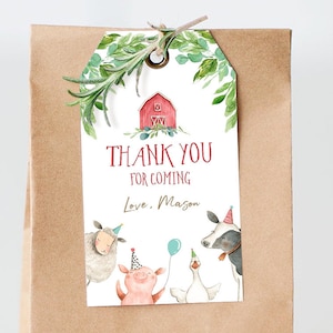 May include: A brown paper bag with a thank you tag attached. The tag features a red barn, farm animals, and the text "Thank You for Coming. Love, Mason".