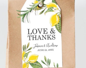 Editable Lemon Thank You Tags Wedding Favor Tags Love & Thanks Bridal Shower Baby Shower Foliage Greenery Digital Template Printable 0220