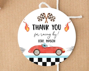 Editable Racing Favor Tags Race Car Birthday Thank you Label Growing Up Two Fast Stickers Red Race Cars 2nd Template Corjl PRINTABLE 0424