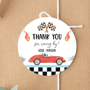 Editable Racing Favor Tags Race Car Birthday Thank you Label Growing Up Two Fast Stickers Red Race Cars 2nd Template Corjl PRINTABLE 0424