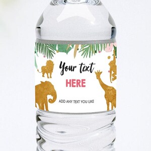 Editable Safari Animals Water Bottle Labels Birthday Wild One Decor Jungle Zoo Animals Pink Gold Girl Labels Tropical Corjl Template 0016