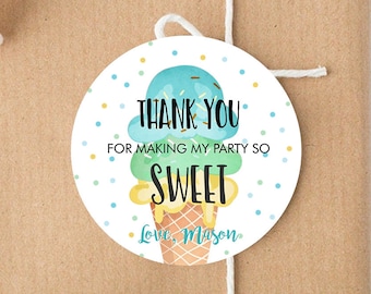 Editable Ice Cream Thank you Tags Round Ice Cream Stickers Ice Cream Birthday Boy Blue Mint Ice Cream Social Favor Tags Template Corjl 0243