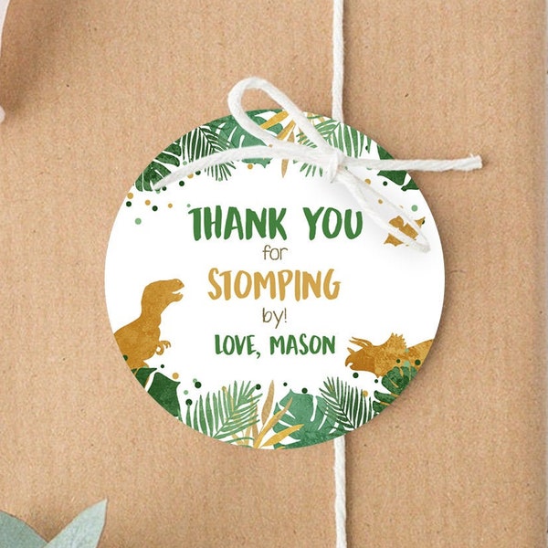 Editable Dinosaur Favor Tags Gift Tag Boy Green Gold Thank You for Stomping By Tag Birthday Round Square T-Rex Corjl Template Printable 0146