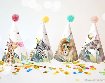 Chapeaux de fête imprimables Fête d'anniversaire Décoration d'anniversaire Safari Birthday Wild One Jungle Zoo Décoration DIY IMPRIMABLE Numérique 0417