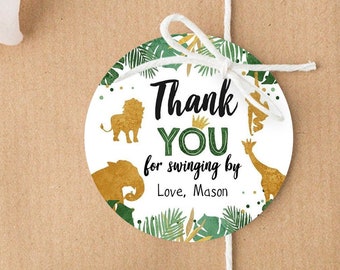 Editable Safari Animals Thank You Tags Wild One Jungle Zoo Black Gold Gift Favor Swinging By Safari Round Square Sticker Corjl Template 0016