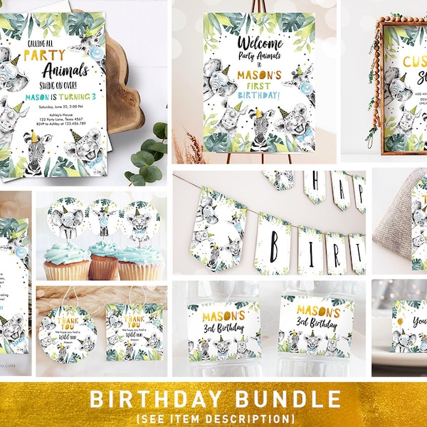 Pacote de Convites de Aniversário com Tema de Animais Selvagens - Animais do Zoológico e Safari - Tema Dourado - Modelo Digital Imprimível 0322