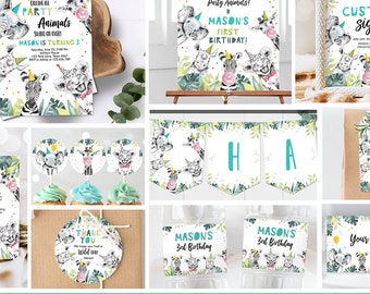 Party Animals Birthday Invitation Bundle Wild One Animals Zoo Safari Animals Boy Two Wild Pack Digital Download Template Printable 0322