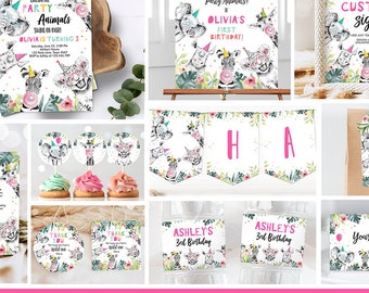 Party Animals Birthday Invitation Bundle Wild One Animals Zoo Safari Animals Girl Two Wild Party Pack Jungle Digital Template Printable 0322