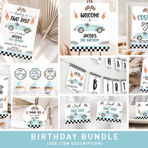 May include: A birthday party printable bundle with a racing car theme. The bundle includes invitations, thank you tags, cupcake toppers, a welcome sign, a custom sign, and a banner. The colors are blue, white, black, and red.