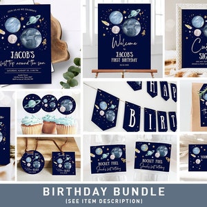 Space Birthday Invitation Bundle Space Party 1st Birthday First Trip Around the Sun Galaxy Boy Astronaut Digital Template Printable 0357