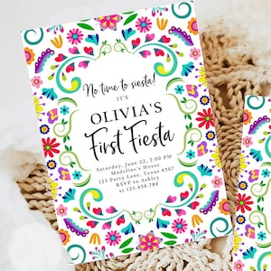 Editable First Fiesta Birthday Invitation Mexican 1st Birthday Party Floral Fiesta Girl Kid Printable Invitation Template Digital Evite 0466